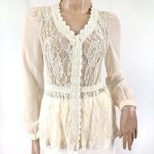 ALTAR'D STATE Blouse LS Button Front Beige Lace & Chiffon S